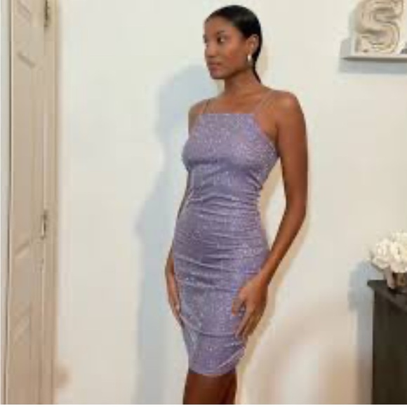 Divided Lilac Shimmering Ruched Party Dress - Picture 3 of 13